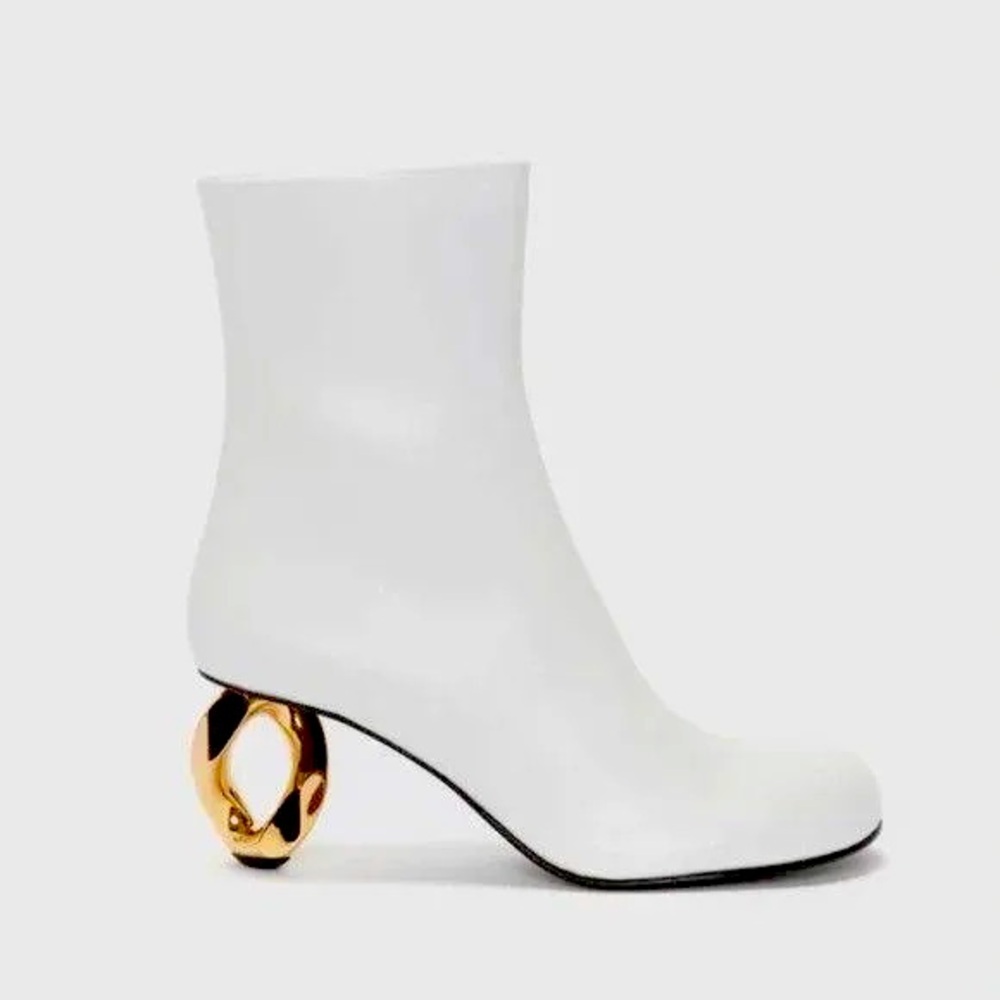 White Boots with Sculptured Gold Statement Heels. New With Box, By JW ANDERSON